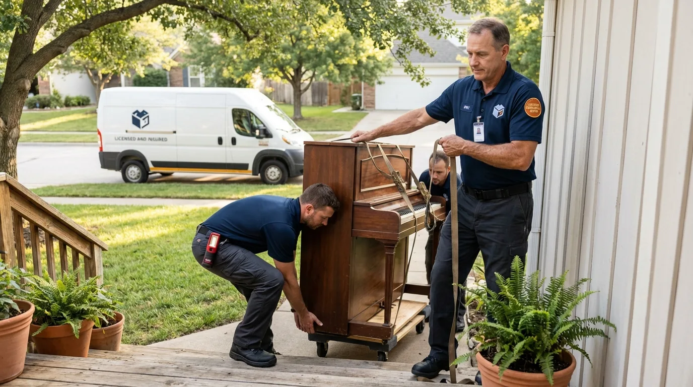 Licensed piano movers securing grand piano in Florence, AZ