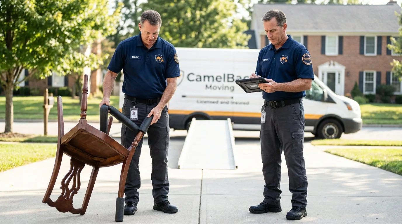 Movers inspecting furniture for damage prevention before loading in Florence, AZ